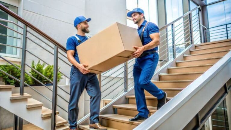 2 movers on a staircase carrying boxes