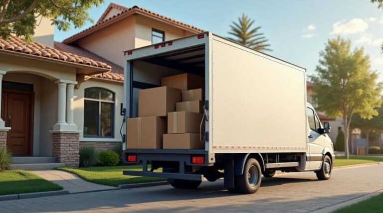 Moving truck in front of a residence