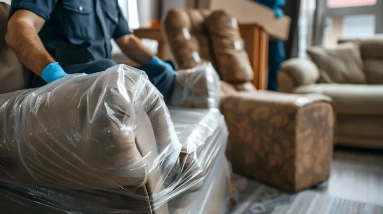 Mover carrying an armchair wrapped in stretch film