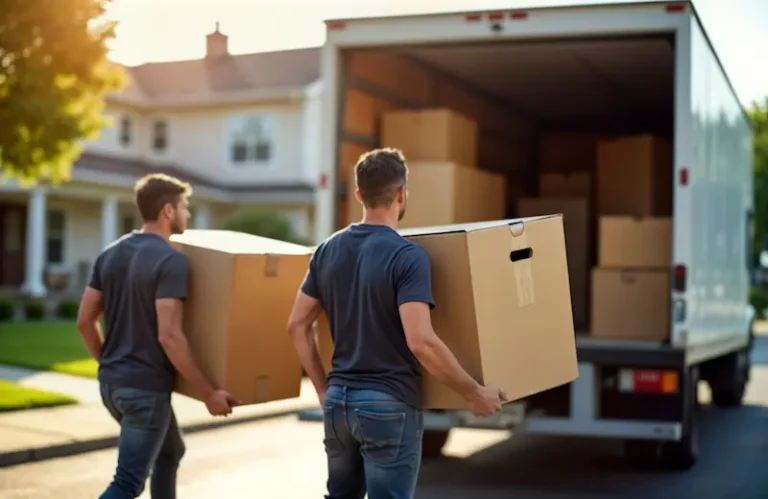 Movers unloading moving boxes to complete a move