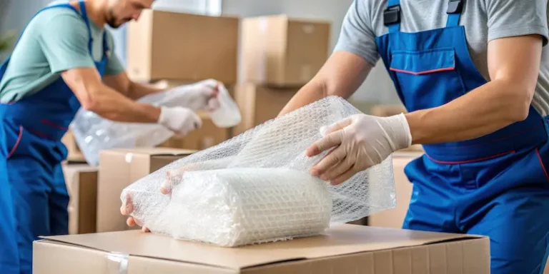 Professional movers packing fragile objects for moving