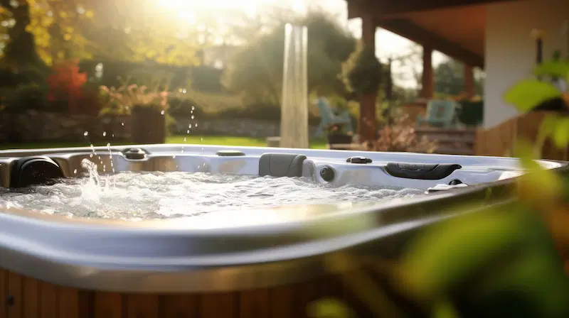 A hot tub in the yard after installation