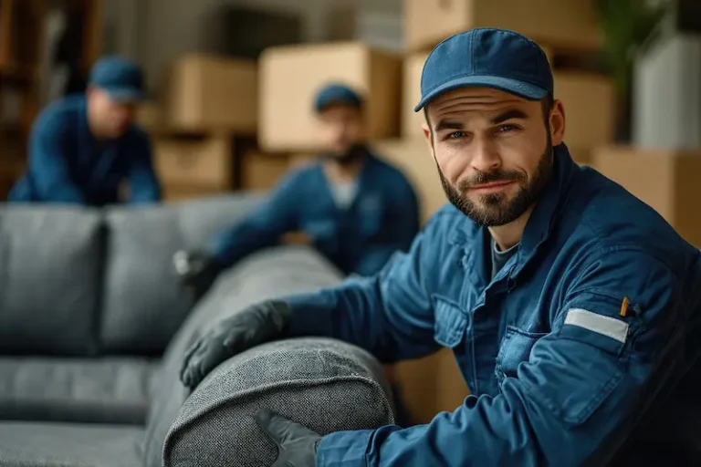 Movers carrying a heavy sofa for a small move