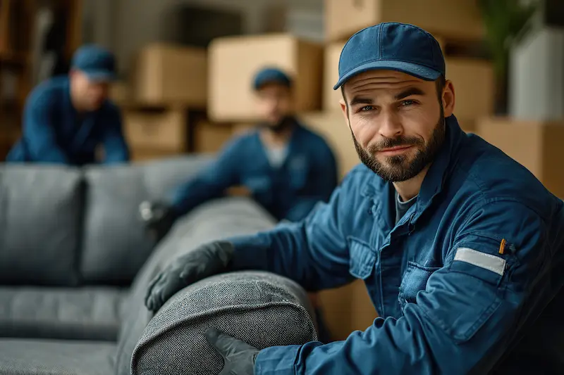 Movers carrying a heavy sofa for a small move